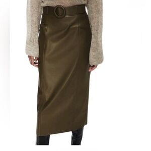 Brown Olive Green Faux Leather Midi Skirt